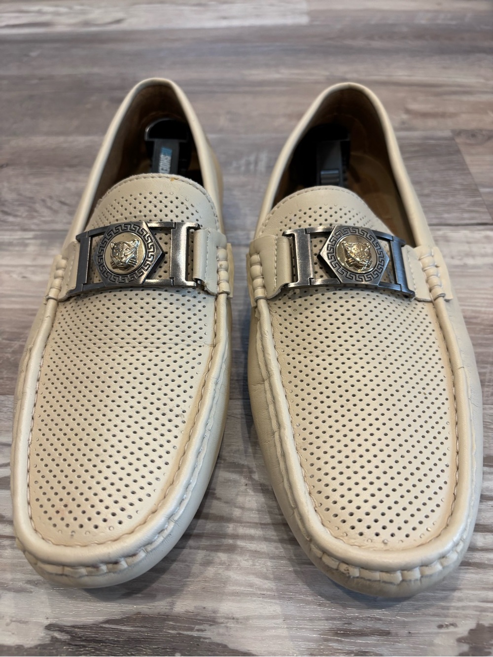 Men's Cream Perforated Leather Slip-On Loafers with Metal Medallion